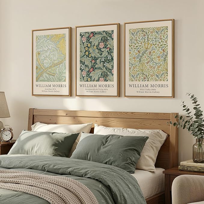 Framed William Morris Sage Green Wall Art Set of 3, Vintage Nature Green Floral Artwork Prints, Retro Botanical Wall Decor for Living Room, Bedroom, Hallway and Office, Total Size 30x60