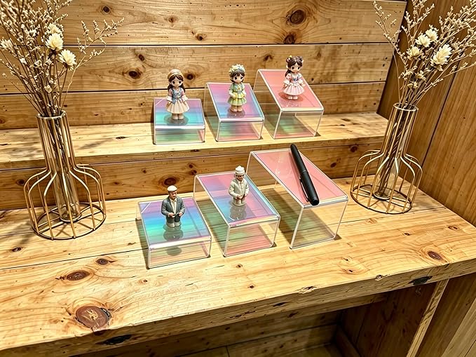 12 PCs Small Iridscent Risers Display Stands 3 Tiers Desktop Acrylic Shelves Small Cake Dessert Holder Products Stand for Collectibles Shoes Jewels Pop Figure (Iridescent2)