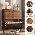 Nicetree Mid-Century Modern Slim Shoe Cabinet for Entryway, 9.45" Narrow Shoe Storage Cabinet with Architectural Arched Fluted Front, Entryway Shoe Storage with Adjustable Shelves,Classic Walnut