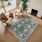 Vintage Floral with Ornate Border Washable 4x6 Area Rug, Soft Low Pile Carpet for Living Room, Dining Room Under Table, Bedroom | Non-Slip, Stain Resistant & Durable
