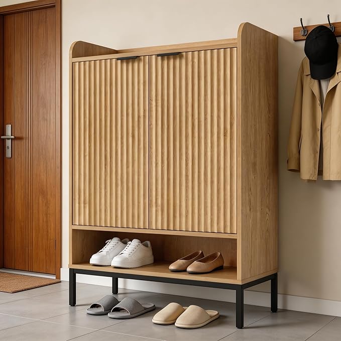 Modern Shoe Cabinet with Fluted Door,5-Tier Farmhouse Shoe Cabinet with 3 Adjustable Shelves,41.5'' Tall Wooden Shoe Rack Organizer Cabinet for Entryway, Hallway,Living Room,Natural