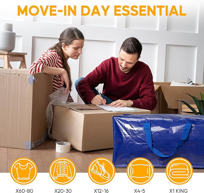 HealSmart 4 Pack Extra Large Moving Bags with Zippers & Carrying Handles, Heavy-Duty Storage Tote Moving Boxes for Dorm Room Essentials Storage Bags, Blue