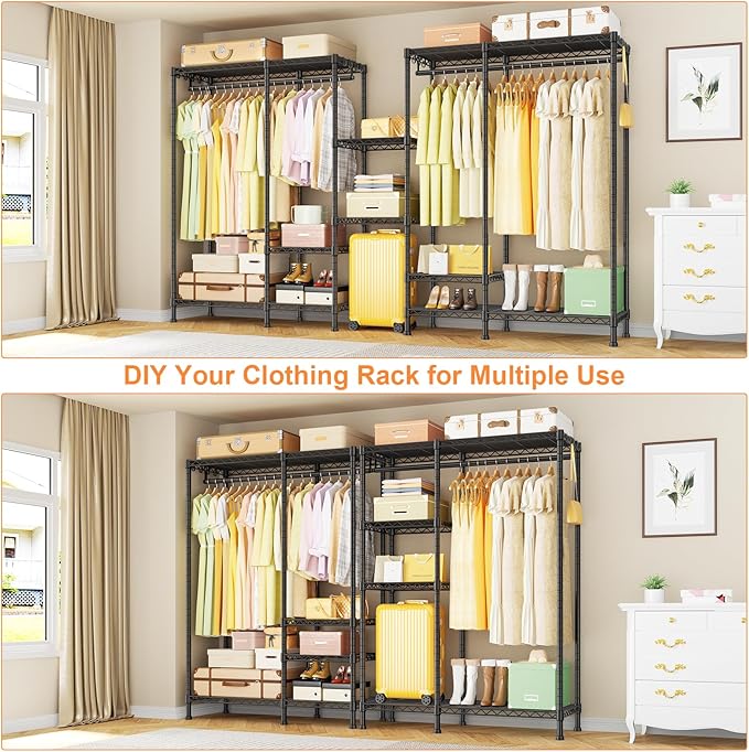 Ulif F4 Heavy Duty Clothes Rack (With Hanger Rod) Freestanding Clothing Racks for Hanging Clothes，Adjustable Closet Organizer System, Portable Garment Rack 45"W x 15.8"D x 71.3"H,Max Load 600LBS,Black