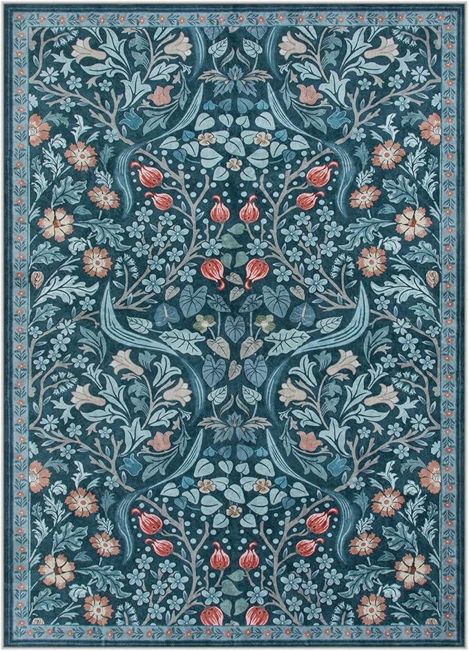 Moynesa Floral Washable Rug, Boho 5x7 Area Rugs for Living Room, Non Slip Large Dining Room Rug Under Table, Botanical Ultra Thin Floor Carpet for Bedroom Home Office, Teal