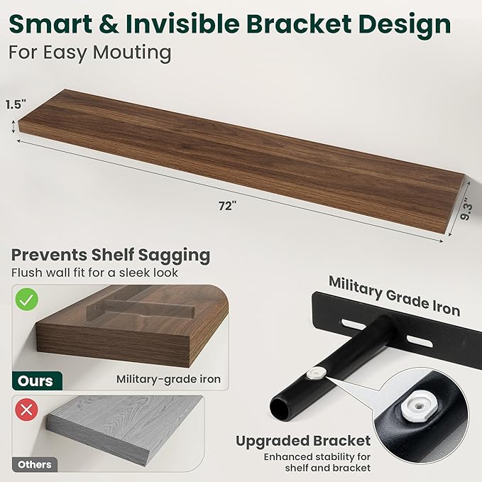 Floating Shelves for Wall 72 in x 9.3 in Deep, Wall Mounted Rustic Wood Shelf with Invisible Brackets for Storage & Display, Living Room Bedroom Bathroom, Walnut, 1 Pack