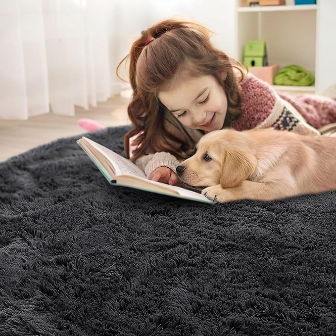 OLANLY Black Round Rugs for Bedroom - Machine Washable, 4 ft Circle Area Rugs for Living Room, Soft and Fluffy Shaggy Carpet for Teen Girls and Boys, Nursery Rooms, Dorms, Home Decor Aesthetic