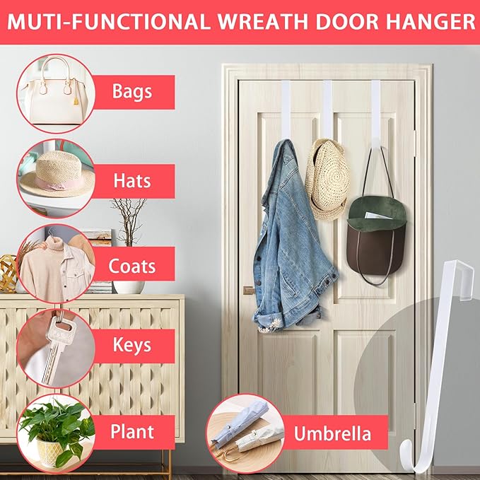 12” Metal Over The Door Wreath Hanger for Front Door – Non-Scratch Door Hook for Hanging Christmas Wreaths, Holiday Decor & Welcome Signs, Durable Wreath Hanger Hooks for Home Decoration, White