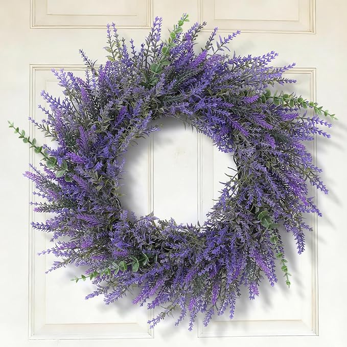 26" Lavender & Eucalyptus Wreath for Front Door - All Season Artificial Wreath for Spring and Summer, Indoor Outdoor Wall, Porch, Window, Rustic Farmhouse Home Decor
