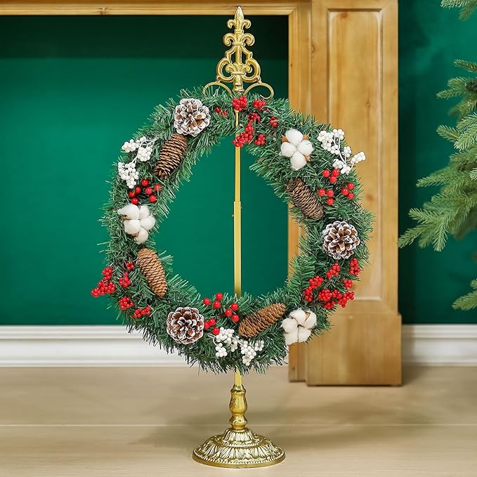 Wreath Stands for Display, Metal Wreath Holder Stand, Standing Wreath Hanger with Wrought Iron Base, Adjustable Tabletop Display Stand for Christmas and New Year Wreath, Wedding Party Decor, Gold