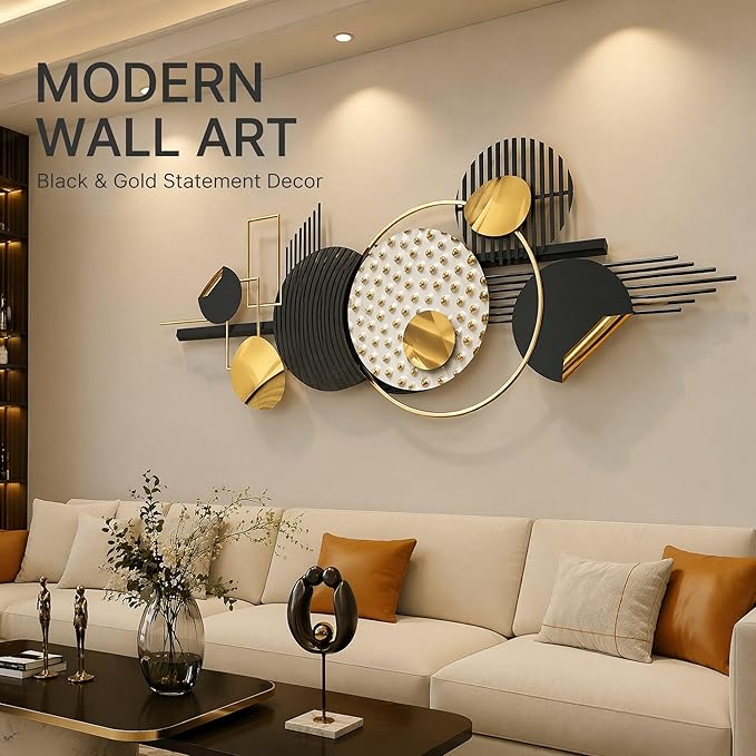 JFUJFU Large Modern 3D Wall Art - Black White & Gold Textured Abstract Wall Sculpture for Home Office & Bedroom Decor