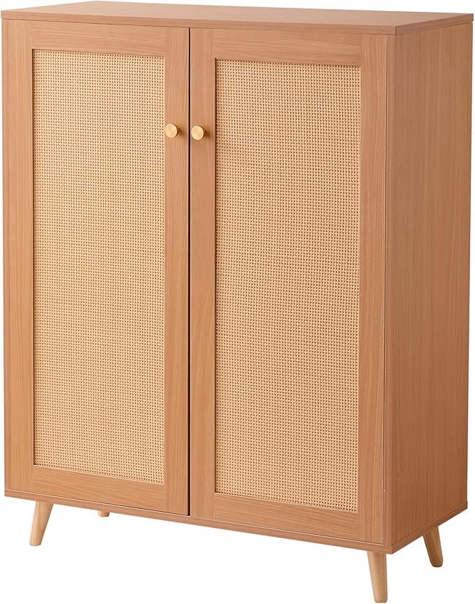 VEVOR Rattan Shoe Cabinet, 5 Tiers Shoe Storage Organizer with 2 Doors and Adjustable Shelves, 40.35" Tall Rattan Shoe Storage Entryway Cabinet Ideal for Entryway, Closet, Hallway, Light Wood Color
