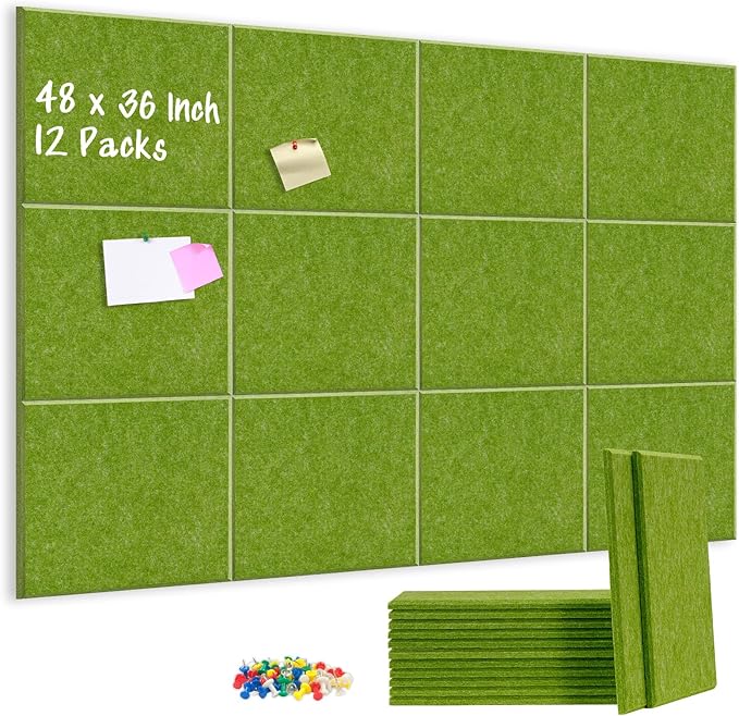 DOLLAR BOSS Large Cork Board for Wall 48" x 36" x 0.5" Bulletin Board 12 Packs Corkboard Tiles Self Adhesive Felt Wall Tiles for Office Home School, Green
