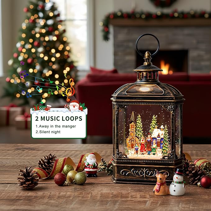 Christmas Snow Globe Lantern Water Glittering Town Home with Carolers, Music & Timer, USB Lined/Battery Operated Lighted Lantern for Christmas Festival Decoration Gifts
