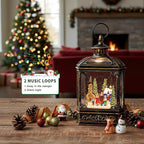 Christmas Snow Globe Lantern Water Glittering Town Home with Carolers, Music & Timer, USB Lined/Battery Operated Lighted Lantern for Christmas Festival Decoration Gifts