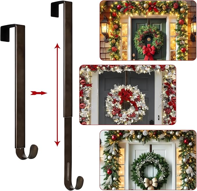 15"to 25" Wreath Door Hanger, Non Scratch Wreath Hangers for Front Door, Metal Door Wreath Hanger Hook Over the Door Hooks, Hanging Fall Easter Christmas Halloween Decor Welcome Sign- Hold Up to 20lbs