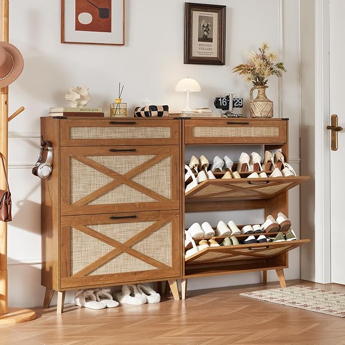 LEYAOYAO Shoe Storage Cabinet for Entryway with 2 Rattan Flip Drawers, Boho Narrow Shoe Cabinets for 16-20 Pairs Shoes with Large Drawers, Hidden Slim Shoe Rack with Wood Legs for Hallway, Tea Brown