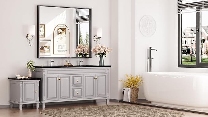 Keonjinn 42 x 36 Inch Black Framed Mirror, Bathroom Vanity Mirror for Wall, Metal Framed Rectangle Bathroom Mirrors, Large Modern Farmhouse Matte Black Mirrors for Over Sink(Horizontal/Vertical)