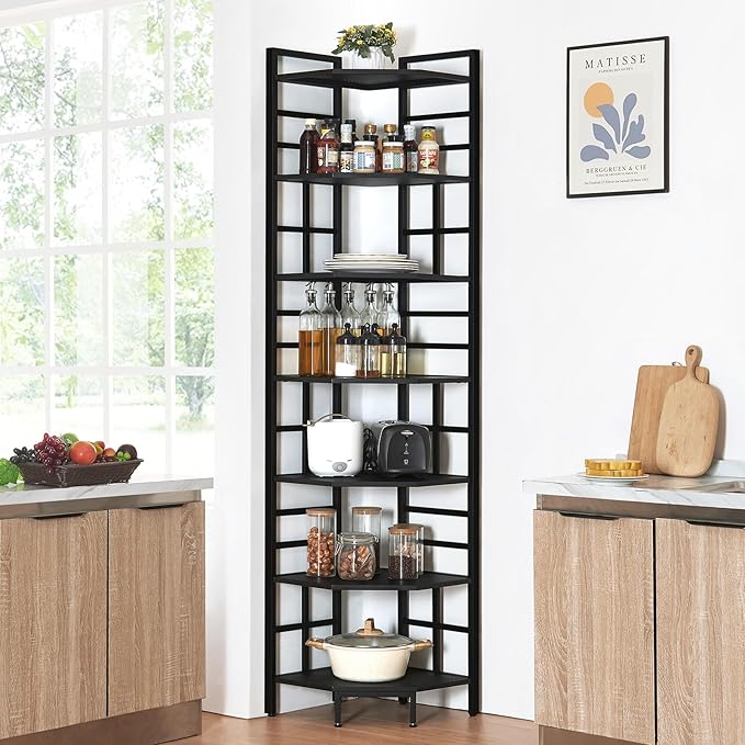 HOMISSUE Corner Shelf, 7 Tier Tall Narrow Bookshelf 82.6", Industrial Corner Bookcase with Storage for Home Office Living Room and Bedroom, Black