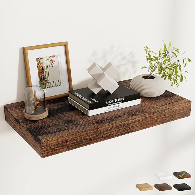 FLYJOE 24 Inch Long Floating Shelves for Wall Set of 1, 12" D Wood Grain Bathroom Shelves with Invisible Brackets, Easy Install Engineered Wood Storage Shelves for Kitchen, Living Room, Bedroom