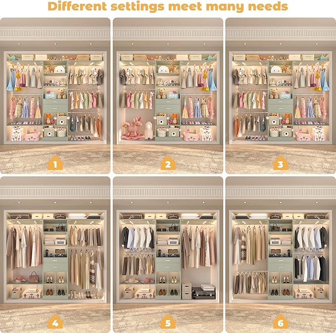 Closet System - 8FT Closet Organizer System with Wooden Drawers, 96" Closet Systems for Walk-In Closets with Cuttable Hanging Shelving, Green