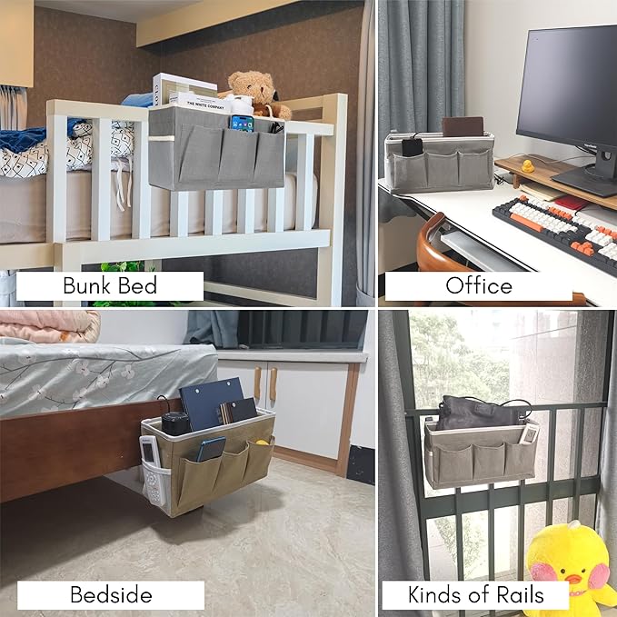 Bedside Caddy Hanging Storage Bag, Organizer Baskets with Pockets for Bunk Bed Accessories, Loft & Dorm Rooms Chair Bed Rails (Gray)