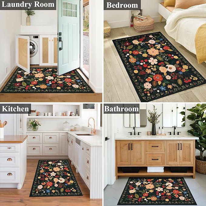 U'Artlines Indoor Door Mat Entrance Rug 2'x3'Soft Non Slip Machine Washable Floral Small Area Rug Carpet for Entryway Kitchen Bathroom Bedroom Black Green