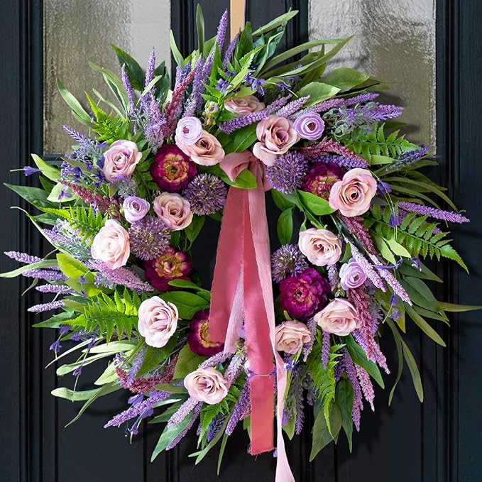 Spring Wreaths for Front Door 24 Inch Luxury Lavender Summer Wreath with Pink Ribbon,Artificial Peony & Rose Spring Door Wreath for Farmhouse Home Wall Porch Window Seasonal Display
