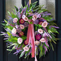 Spring Wreaths for Front Door 24 Inch Luxury Lavender Summer Wreath with Pink Ribbon,Artificial Peony & Rose Spring Door Wreath for Farmhouse Home Wall Porch Window Seasonal Display