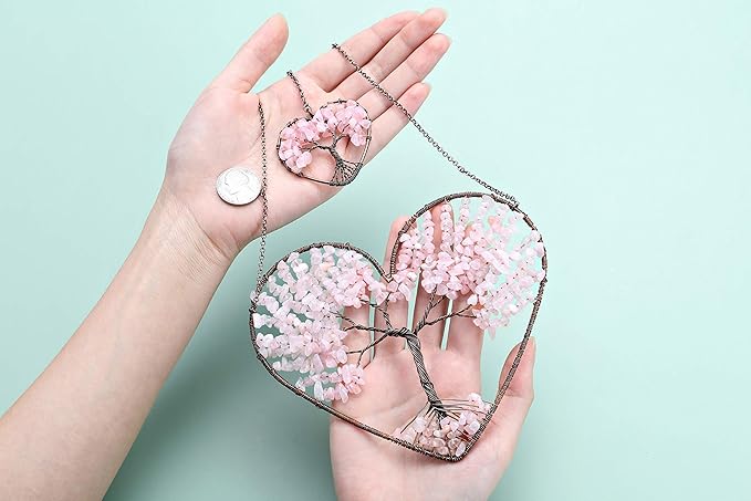JOVIVI Tree of Life Feng Shui Crystal Heart Hanging Ornament Rose Quartz Gemstones Healing Stones Yoga Meditation Window Wall Hanger for Home Wedding Decor
