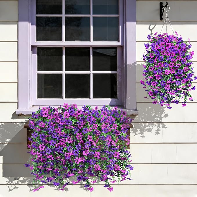 INQCMY Artificial Hanging Flowers Decoration, 4pcs Fake Floral Basket Plants for Outdoor Porch, Faux Shrubs Home Spring Decor UV Resistant Potted Violets for Outside Garden No Fade