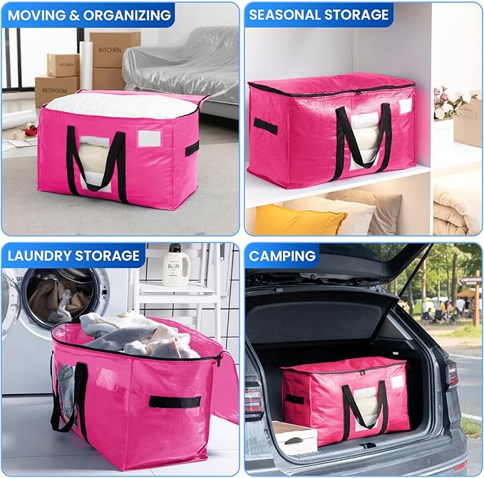 TAILI 2 Pack Pink Extra Large Moving Bags, Heavy Duty Totes with Visible Window, Wrap Around Handles, Space-Saving Storage, Alternative to Moving Boxes