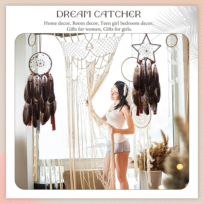 Jetec 3 Pcs Dream Catcher Moon Sun Star Design Handmade Traditional Design Craft Ornament Wall Art Hanging Home Decoration Bedroom Wedding(Brown)