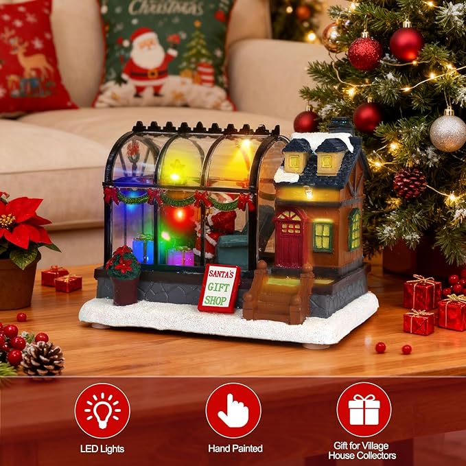 LED Lighted Christmas Village Greenhouse - 6.1" Christmas Village House Decoration, Xmas Collectible Buildings for Holiday Decor for Home, Ballroom Disply and Desktop