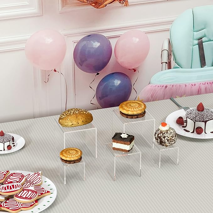 Sezanrpt Square Acrylic Shelf Risers 3pcs, Acrylic Dessert Table Display Set, Clear Acrylic Showcase Collectibles Display Shelf for Funko Pop, Cupcake, Toys, Watches, Table Decorations - 4''x5''x6''