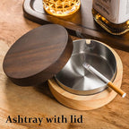 Cute Ashtrays for Cigarettes Smokeless Ash Tray with Stainless Steel Liner Windproof Wooden Ashtray with Lid for Home Office Tabletop Outside Patio