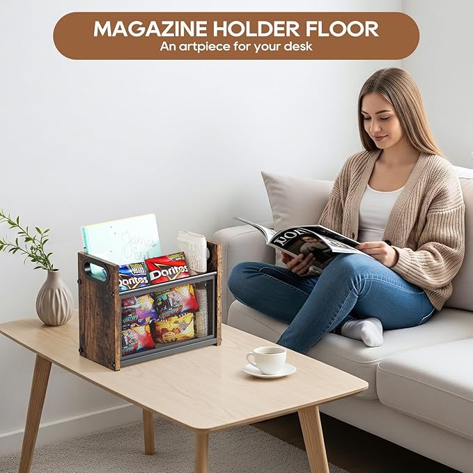 Magazine Holder, Magazine Rack Floor, Rustic Magazine Storage Basket, Farmhouse File Storage Basket Box Bin Folder Organizer Stand for Letters, Magazines, Books, Newspapers