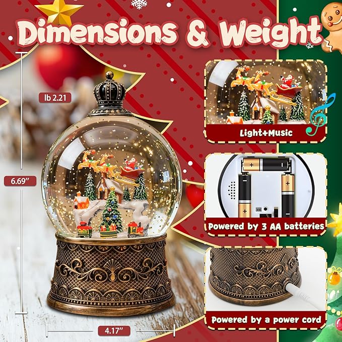 Christmas Snow Globes Lantern, Santa Claus and Reindeer Christmas Decorations Indoor, 6H Timer Battery & USB Powered Light Up Musical Snow Globes for Kids Women Adults Gift Thanksgiving Home Decor