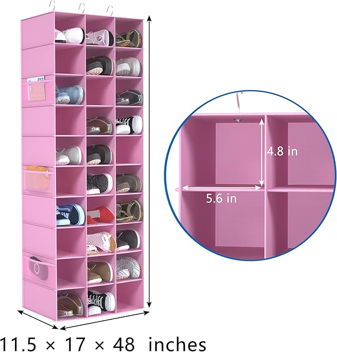 coastal rose Hanging Shoe Organizer for Closet, 30 Sections Hanging Closet Organizers and Storage Shelves Space Saving Shoe Racks Holder Pink,17" W×11.5" Dx 48" H
