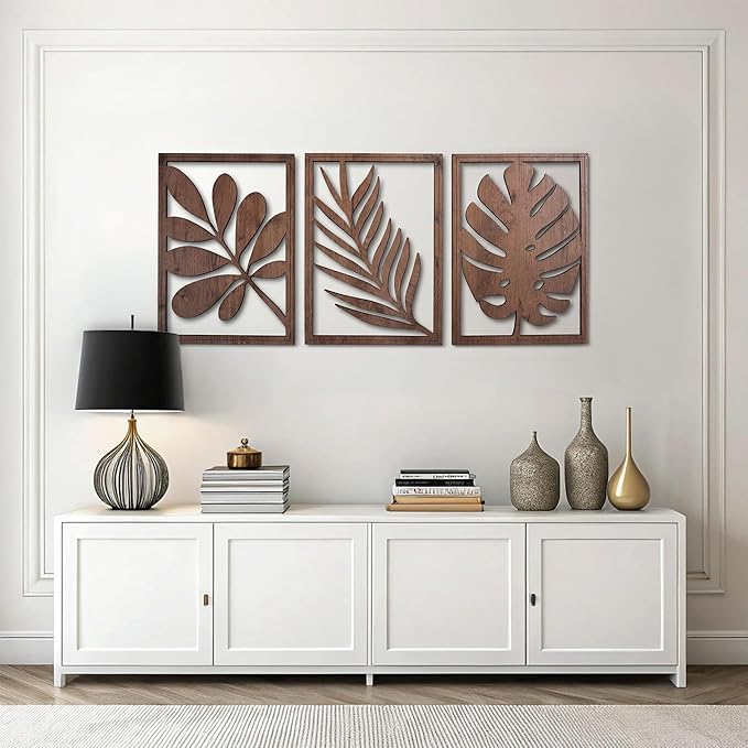 qmmp Modern Wooden Wall Sculptures - Set of 3 - Home Decor Accent - Large Wall Art for Living Room, Bedroom, Office - Easy Installation (Walnut, XLarge - Tree Leaves)