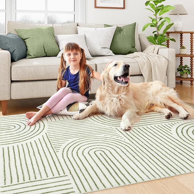 Lahome Abstract Washable Area Rug 5x7, Soft Bedroom Rug Ultra-Thin Non Slip Green Rugs for Living Room, Modern Accent Rug Large Carpet for Dining Room Office(5'x7',Green)