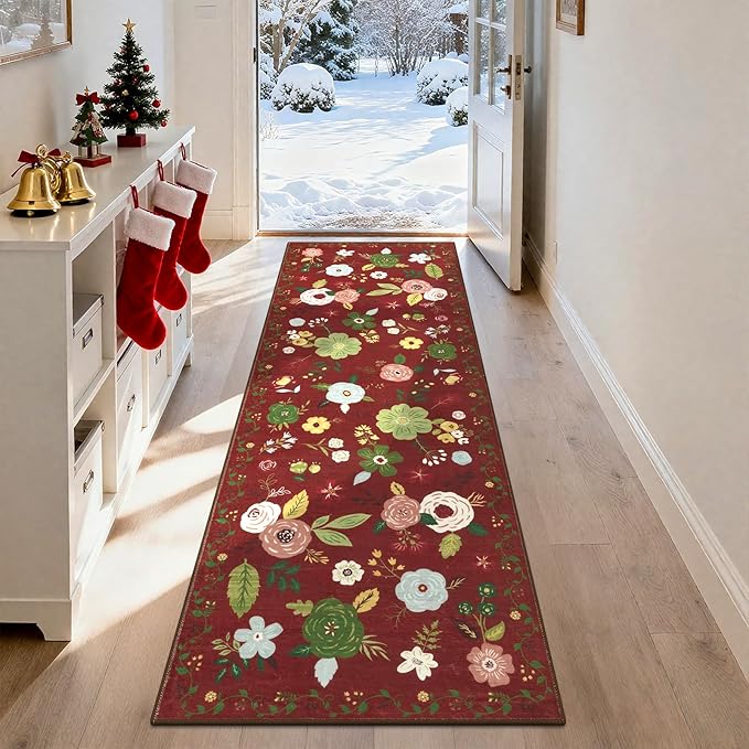 U'Artlines 2'x6' Red Christmas Runner Rug for Hallways Kitchen,Colorful Floral Soft Non Slip Washable Floor Carpet Runners for Entryway Laundry Room Bathroom (Red)