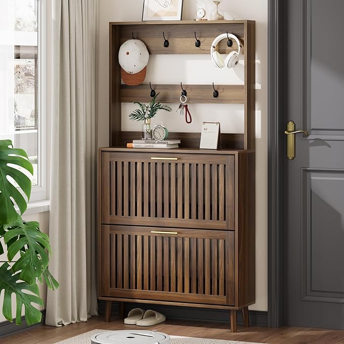 Tall Shoe Cabinet with Coat Rack, Shoe Storage Cabinet with Louvered 2 Doors, Tall Freestanding Entryway Shoe Cabinet with Adjustable Shelves, Modern Shoe Organizer Cabinet, Shoe Rack Cabinet (Walnut)
