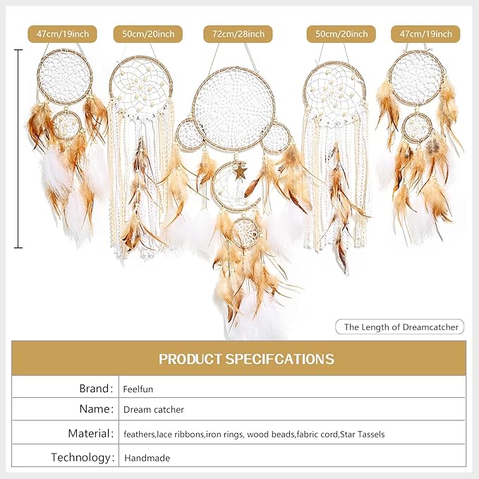 5 Pack Dream Catchers Sun Moon Design Large Handmade Boho Wall Hanging Ornament with Decorative Feathers for Boys Girls Bedroom Living Home Decoration (Brown)