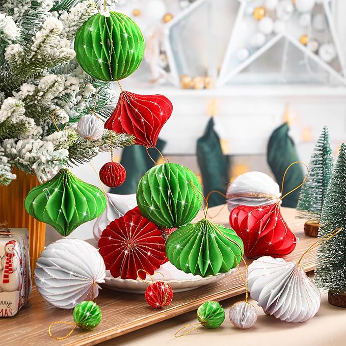 TecUnite 50 Pcs Christmas Paper Honeycomb Ornaments for Tree Vintage 3D Mini Glitter Edge Paper Christmas Ornament Honeycomb Tree Hanging Neutral Boho Holiday Xmas Party Decoration(Red White Green)
