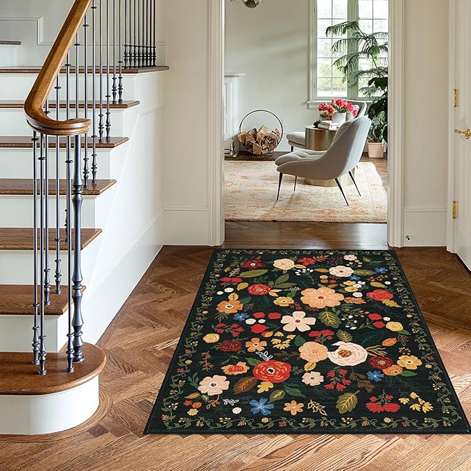 U'Artlines Indoor Door Mat Entrance Rug 2'x3'Soft Non Slip Machine Washable Floral Small Area Rug Carpet for Entryway Kitchen Bathroom Bedroom Black Green