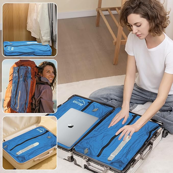 ONTYZZ Vacuum Bags for Travel, Reusable Vacuum Compression Bag, Recycled IPX8 Waterproof Space Saver Bag for Luggage/Camping/Home Storage (2 Pack with Air Pump-Blue)