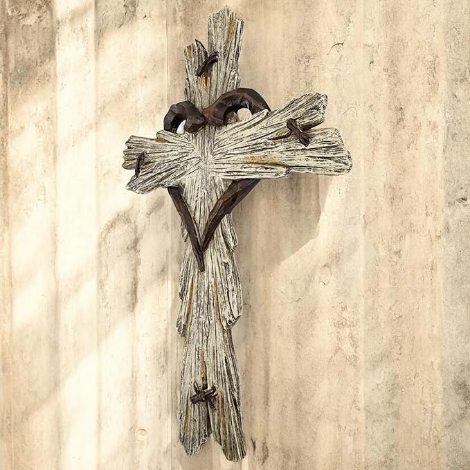 Rustic Wood-Look Resin Wall Cross with Barbed Wire & Nail Heart Accents – 11 ½” Christian Farmhouse Wall Décor, Inspirational Religious Gift (Whitewash)