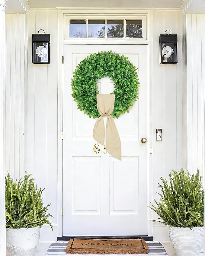 Vlorart 20 Inch Faux Round Boxwood Wreath, Weatherproof Wreaths for Front Door, Artificial Spring Summer Greenery Wreath with Sash for Farmhouse Wedding Year Round Indoor and Outdoor