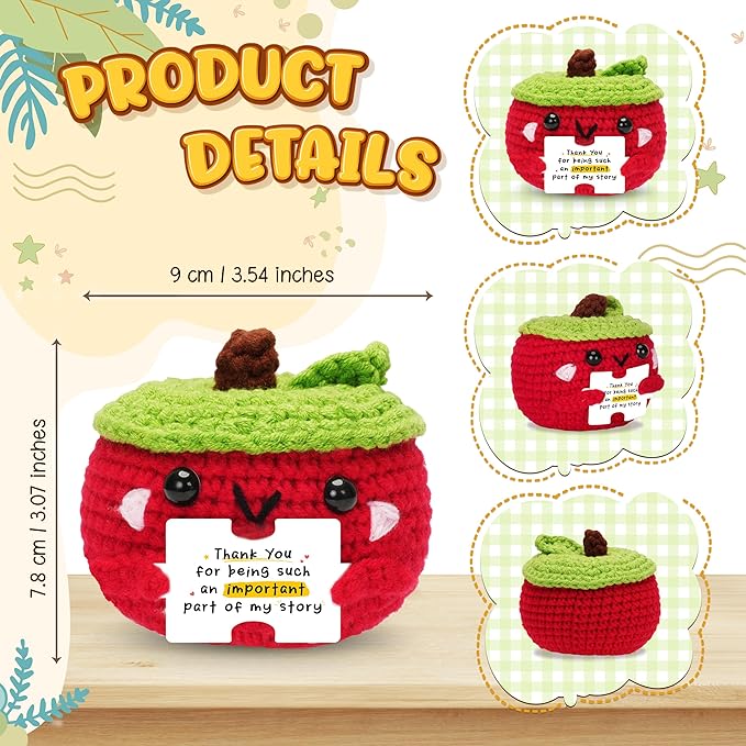 HEXMOZ End of Year Teachers Gifts - Apple Gift for Teachers - Daycare Teacher Appreciation Gifts - Thank You for Being Such an Important Part of My Story Handmade Collectible Crochet Plush Doll
