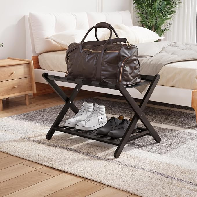 Smuxee Fully Assembled Luggage Rack for Guest Room, Upgraded Bamboo Foldable Suitcase Stand with 5 Nylon Straps, Luggage Holder with Shelf for Bedroom Hotel